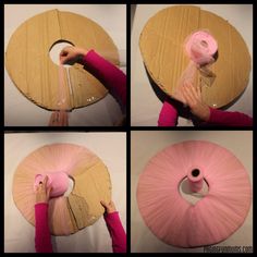 four pictures showing how to make an umbrella out of wood and yarn with pink yarn