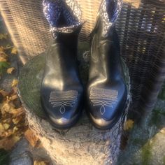 Size 39, Black Short Cowboy Boots. Never Worn. With Original Dustbag. Lined In Black “Bandanna “ Like Material. Metal Toe Cap . Calf Leather. Decorative Stitching. Black And White Fabric Lining. Side Zip Fastening Casual Black Boots For Western-themed Events, Black Country Style Boots With Round Toe, Western Black Boots For Country Events, Black Western Boots For Country Events, Country Style Black Round Toe Boots, Black Country Style Boots For Ranch, Black Snip Toe Boots For Festival, Western Black Moto Boots For Rodeo, Black Snip Toe Festival Boots