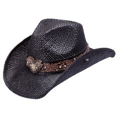 The Peter Grimm Flint Drifter Cowboy hat not only provides sun protection and fashion, it is a durable hat with sturdiness you can feel. With an approximate brim length of 3", curved upwards on each side, you will be well protected from the sun! This hat features the classic tear drop style crown that measures 5" tall. Surrounding the crown is a studded and intricately decorated design, ending with a heart shaped buckle in the front of the hat and a tie in the back. Inside the hat is the Peter Grimm name and Rabbit logo stitched on a comfortable elastic sweatband. Straw Cowgirl Hat, Mens Cowboy Hats, Beau Mirchoff, Outback Hat, Cowgirl Hat, Metal Heart, Cowgirl Hats, Country Girl, Cowboy Hat