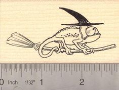 a rubber stamp with a frog wearing a witch's hat sitting on a broom