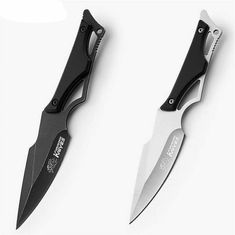 two knifes with black handles are on a white surface and one is opened to show the blade