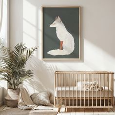 a baby's room with a white crib and a painting on the wall