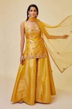 Buy Yellow Brocade Woven Floral Sweetheart Sleeveless Kurta Sharara Set For Women by Shyam Narayan Prasad Online at Aza Fashions.