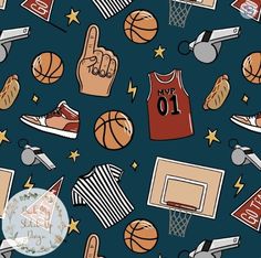 a blue background with basketballs and other sports related items