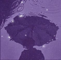 an umbrella is reflected in the water on a purple background with stars and circles around it