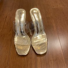 Shoeland High Heel Sandals Size 9 Plastic Heel Plastic Straps 4” Heel Rose Gold Base Never Worn Gold Heels With Clear Strap For Spring, Gold Heels With Clear Strap For Evening, Gold High Heels With Clear Strap, Plastic Heels, Heel Sandals, High Heel Sandals, Shoes Women Heels, High Heel, Sandals Heels