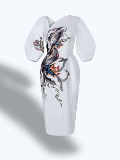 Asymmetric V-neck Voluminous Sleeves Midi Dress.Made with a mid-weight non-stretch fabric.Amaryllis Flowers Hand-Painted. Pattern.High Light:- White.- Hand-painted Pattern.- Asymmetric V-neck.- Voluminous Sleeves.- Rear zip fastening.Cut for a slim fit, voluminous sleeve, asymmetric V-neck.Fully lined. Length 110 cm.Dry clean or Hand Wash.The model is 175 cm tall and wears a US size 4.Composition:Outer - 65% Rayon, 35% Polyester.Lining - 67% Acetate, 33% Polyester.Made in Saigon, Vietnam. Delive Artistic Floral Print Spring Dresses, Artistic Spring Floral Print Dresses, Tiffany Blue Dress, Sumer Style, Turquoise Blue Dress, Pick Outfits, Amaryllis Flowers, Saigon Vietnam, Dress Light Blue