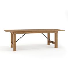 a wooden table with metal legs on a white background