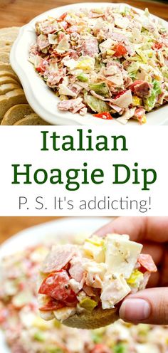 a close up of a plate of food with the words italian hoagie dip on it