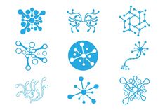 an assortment of blue and white designs on a white background