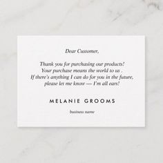 a business card with the quote dear customer, thank you for purchasing our products