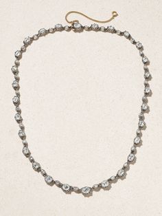 Extremely rare and collectible, Stephanie Windsor's rivière necklace dates back to circa 1890. It's cast from silver and gold and has naturally developed a beautiful patina over time. The 19.00-carats of shimmering diamonds are rose-cut and collet-set - both typical techniques of jewelry from the Georgian era. Antique White Gold Necklace With Single Cut Diamonds, Vintage Wedding Diamond Necklace With Single Cut Diamonds, Victorian Diamond Necklaces For Anniversary, Victorian Diamond Necklace With Single Cut Diamonds For Formal, Victorian Style Formal Diamond Necklace With Single Cut Diamonds, Victorian White Gold Necklace For Anniversary, Victorian Style White Gold Necklace For Anniversary, Antique Rose Cut Diamond Necklace For Formal Occasions, Vintage Rose Cut Diamond Necklace For Formal Occasions