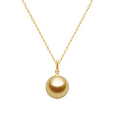 a golden pearl pendant on a gold chain