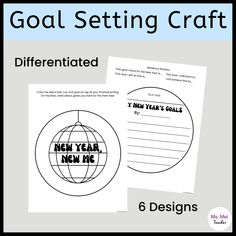 the new year's goal setting craft is shown in black and white, with text that