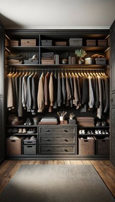 an open closet with clothes and shoes hanging on the racks, drawers, and shelves