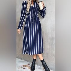 Vertical Striped, Lantern Sleeved, Notched Neck Dress Long Sleeve Dresses With Vertical Stripes For Daywear, Casual Long Sleeve Dresses With Vertical Stripes, Elegant Knee-length Dress With Vertical Stripes, Fitted Knee-length Dress With Vertical Stripes, Striped Stretch Knee-length Dresses, Denim Chambray Dress, Ruched Waist Dress, Active Wear Dresses, Knit Shift Dress