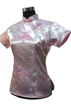 Stylish Pink Traditional Chinese Silk Satin Blouse Women Summer Vintage Shirt Tops New Flower Flower Clothing, Chinese Shirt, Traditional Chinese Wedding, Satin Bluse, Jacquard Blouse, Tang Suit, Chinese Silk, Women Shirt Top, New Flower