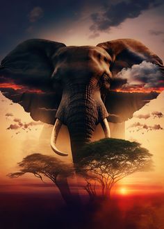 an elephant standing on top of a lush green field next to a tree in the sky