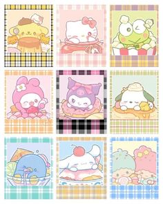 an image of hello kitty and other cartoon characters in different squares with the same color scheme