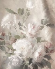 a painting of white flowers in a silver vase