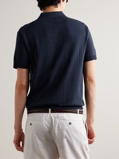 Club Monaco’s polo shirt is pointelle-knitted from a cotton-blend that feels lightweight and airy. It comes in a versatile navy shade and fastens with tonal buttons. Tom Ford Bag, Wardrobe Edit, Club Monaco, Casual Blazer, Short Suit, Suede Jacket, Loungewear Shorts, Short Sleeve Polo, Knit Cotton