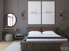 a bedroom with two paintings on the wall