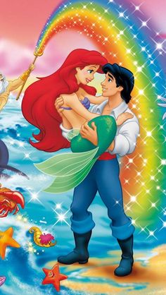 the little mermaid and prince are hugging each other in front of a rainbow - colored background