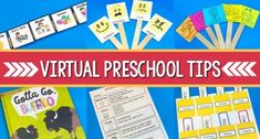 the virtual preschool tips and activities are displayed on a blue background with text overlay