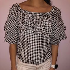 Black And White Checkered Top Black And White Tops For Summer Day Out, Black And White Short Sleeve Top For Spring, Black And White Summer Tops For Day Out, One Shoulder Ruffle Top, Checkered Top, Sheer Floral Top, Ruffle Sleeve Blouse, Cold Shoulder Long Sleeve, Black Tie Dye