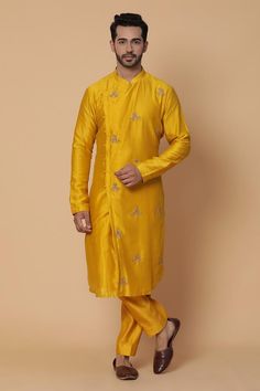 Buy Kudrat Couture Yellow Chanderi Layered Embroidered Kurta Set Online | Aza Fashions Embroidery Zardozi, Layered Kurta, Zardozi Embroidery, Kurta Set For Men, Zari Work, Silk Pants, Silk Embroidery, Kurta Set, Pants Pattern