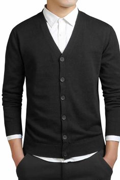 Men's Slim Fit V-Neck Cardigan - A.A.Y FASHION. The men's cardigan is a slim fit-knit sweater, ideal for days and evenings that are a bit chilly. This model comes with a classic fit. It is characterized by a V-neck with a structure at the back of the shoulders, tone-on-tone buttons, and set-in sleeves. It also features ribbed coated cuffs and a waistband for better fit. This cardigan is made with 100% cotton, which makes it comfortable to wear. It is an ideal sweater for a casual style with fine Cotton V-neck Sweater For Workwear With Long Sleeves, Cotton V-neck Outerwear For Layering, Winter Cotton Button-up Cardigan, Casual Cotton V-neck Cardigan, Cotton V-neck Sweater, Classic V-neck Sweater With Button Closure, Classic Black V-neck Cardigan, V-neck Sweater With Button Closure For Layering, Solid Cotton V-neck Cardigan