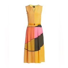 Details -Approx.34" Length -Hidden Front-Zip Closure -Round Neck -Sleeveless -Side-Seam Pockets -Removable Belt -Lined -100% Mulberry Silk -Dry Clean -Made In Romania -Multicolored Multicolor Sleeveless Silk Midi Dress, Sleeveless Multicolor Silk Midi Dress, Multicolor Silk Sleeveless Midi Dress, Multicolor Sleeveless Workwear Dresses, Multicolor Sleeveless Work Dress, Multicolor Sleeveless Dress For Work, Yellow Sleeveless Silk Midi Dress, Peplum Hem Dress, Akris Dress