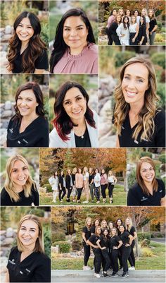 a collage of photos with different people in black shirts and white pants, all smiling at the camera