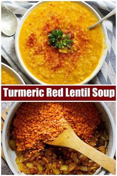 two pictures with different types of soup in them