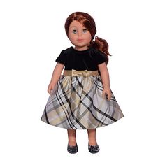 a doll wearing a dress with a bow on it's head, standing in front of a white background