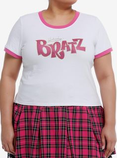 Got a passion for fashion? Join the girlies with this Bratz baby tee on! It features hot pink ringer details and the Bratz logo at the chest in a matching pink  with rhinestones all over.95% cotton; 5% elastaneWash cold; dry lowCropped fitImportedModel is 5'10"Model wears size 1 Y2k Fashion Early 2000s Aesthetic, Bratz Logo, Y2k Tees, Y2k Fashion Early 2000s, Plus Size Y2k, Cutesy Outfit, Early 2000s Aesthetic, The Bratz, Plus Size Hot