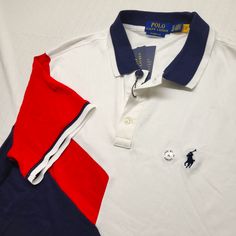 Item Is New With Tags No Stains Holes Rips Fraying Mid Weight Cotton Construction Color Is Blue With White And Red Measurements Provided Please See Pictures For Size Details And Measurements Thanks! White Color Block Cotton Polo Shirt, Ralph Lauren Blue Polo Shirt, Blue Color Block Polo Shirt, Ralph Lauren Polo Shirt, Preppy School, Casual Blue Moisture-wicking Polo Shirt, Knit Logo, Ralph Lauren Polo Shirts, Blue Moisture-wicking Polo Shirt