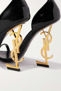 SAINT LAURENT Opyum 110 logo-embellished patent-leather sandals | NET-A-PORTER Saint Laurent Shoes, Fashion High Heels, Black Patent Leather, Net A Porter, Leather Sandals, Patent Leather, Luxury Design, Ankle Strap, Shoes Sandals