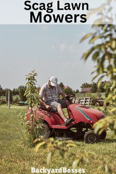 a man riding on the back of a red lawn mower