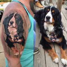 a woman with a dog tattoo on her arm sitting next to a man's shoulder