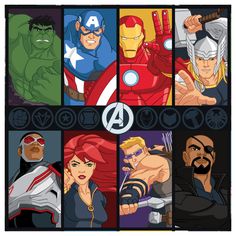 the avengers and captain america characters are depicted in this cartoon character poster, which features different faces