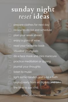 A list of Sunday night reset and relax ideas you can explore after a day of preparation, to-do lists, chores and errands Sunday Things To Do, Sunday Night Reset, Slow Sundays Aesthetic, Relax Ideas, Prompts Journaling, Slow Sunday