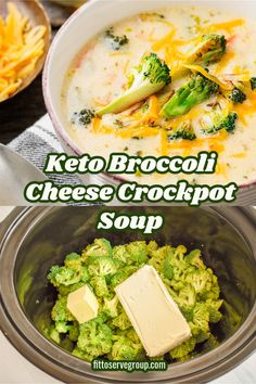 broccoli cheese crockpot soup is in a bowl and on the table