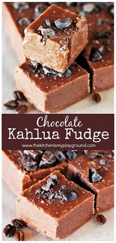 chocolate kahlua fudge is stacked on top of each other and topped with chocolate chips