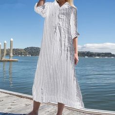 US$ 29.99 - Women's Striped Shirt Dress Polo Collar A Line Loose Cotton Linen Shirt Dress - m.zicopop.com Dress Cotton Summer, Maxi Dress Linen, Casual Striped Shirt, Cotton Summer Dress, Summer Streetwear, Dress Linen, Striped Shirt Dress, Shirt Dress Casual, Polo Neck