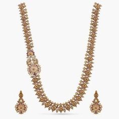 Yahvi Antique Long Necklace Set: Bestselling Indian Jewelry at Tarinika.com Antique Long Necklace, Pretty Gold Necklaces, Long Necklace Set, Indian Jewellery Design, Royal Look, Indian Jewelry Sets, Gold Jewelry Simple, Cz Pendant, Jhumka Earrings