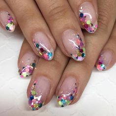 Rainbow Confetti Nails, Neon Glitter Nails Summer, Confetti Nail Art, Sequin Nails, Glitter Nails Design, Acrylic Nail Art Ideas, 2023 Spring Nails, Confetti Nails, Colors For Spring