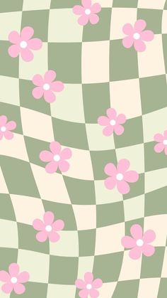 a checkered background with pink flowers on it