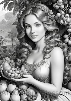 a black and white drawing of a woman holding fruit