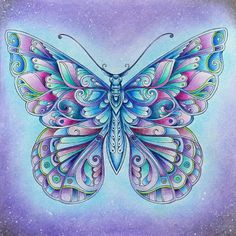 a colorful butterfly with intricate patterns on it's wings, sitting in front of a purple